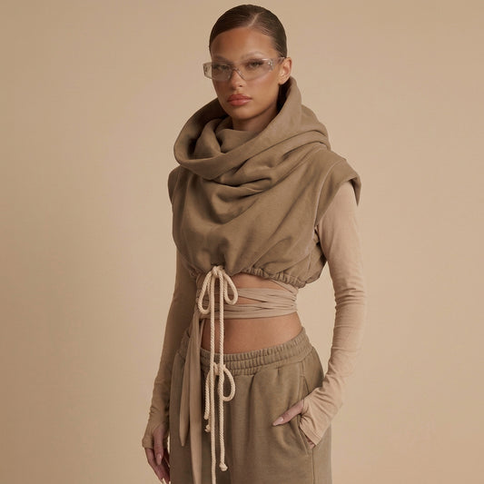 Kapşollu kolsuz bej, kadın üst tişört