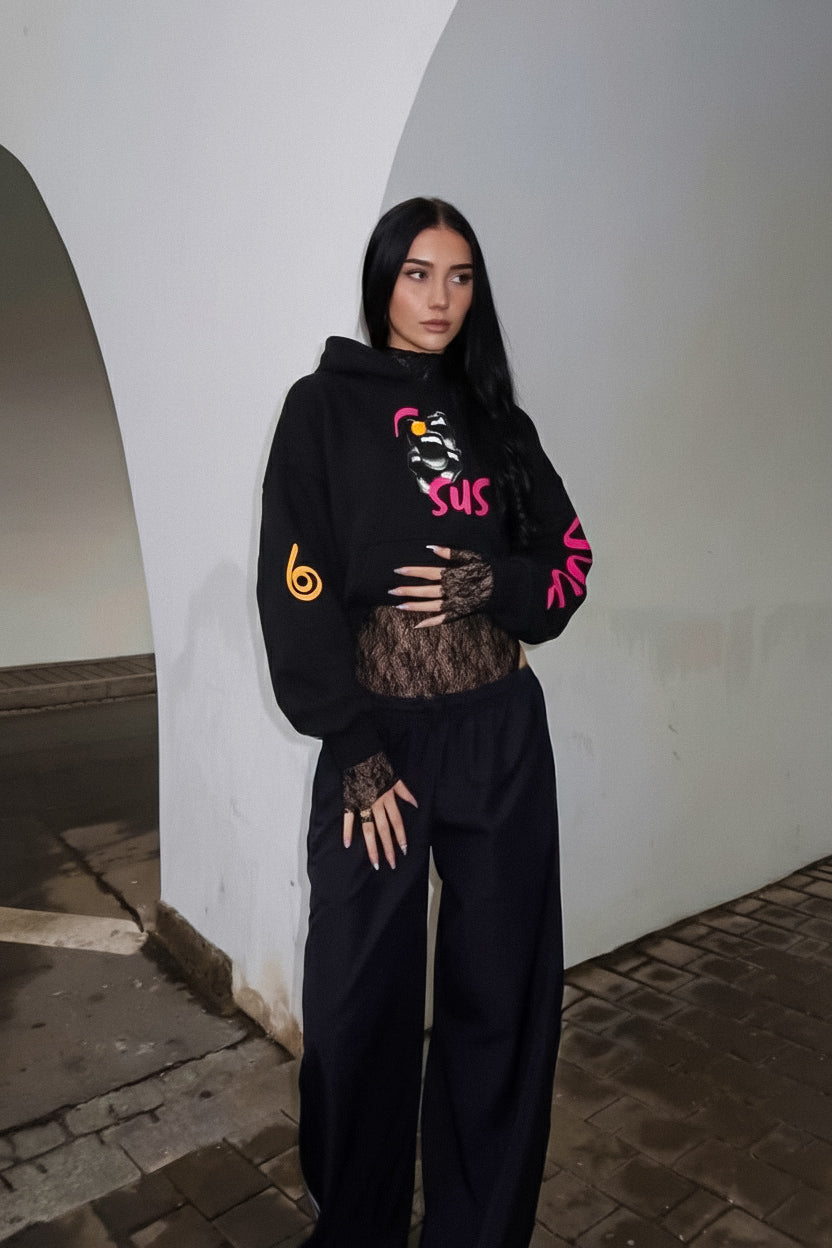 “Sus artık” çığlığı Oversize midi crop siyah sweatshirt hoodie - melongeneCo