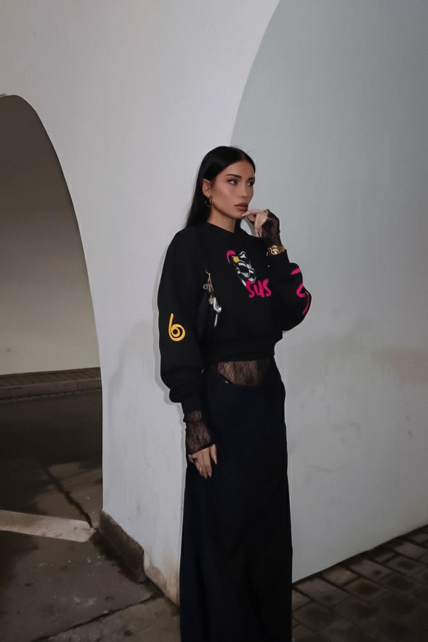 “Sus artık” çığlığı Oversize midi crop siyah sweatshirt hoodie - melongeneCo
