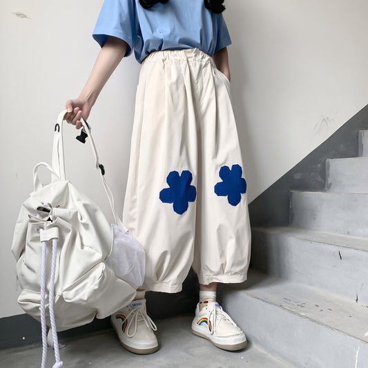 mavi çiçekli handmade tasarım balon pantolon