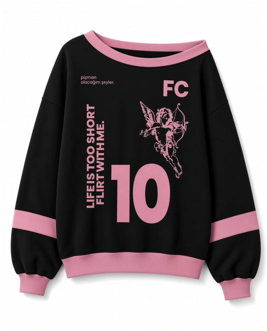 Flört club düşük yaka siyah pembe sweatshirt