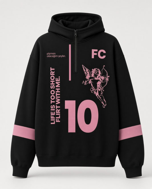 Flört club kapüşonlu siyah pembe hoodie