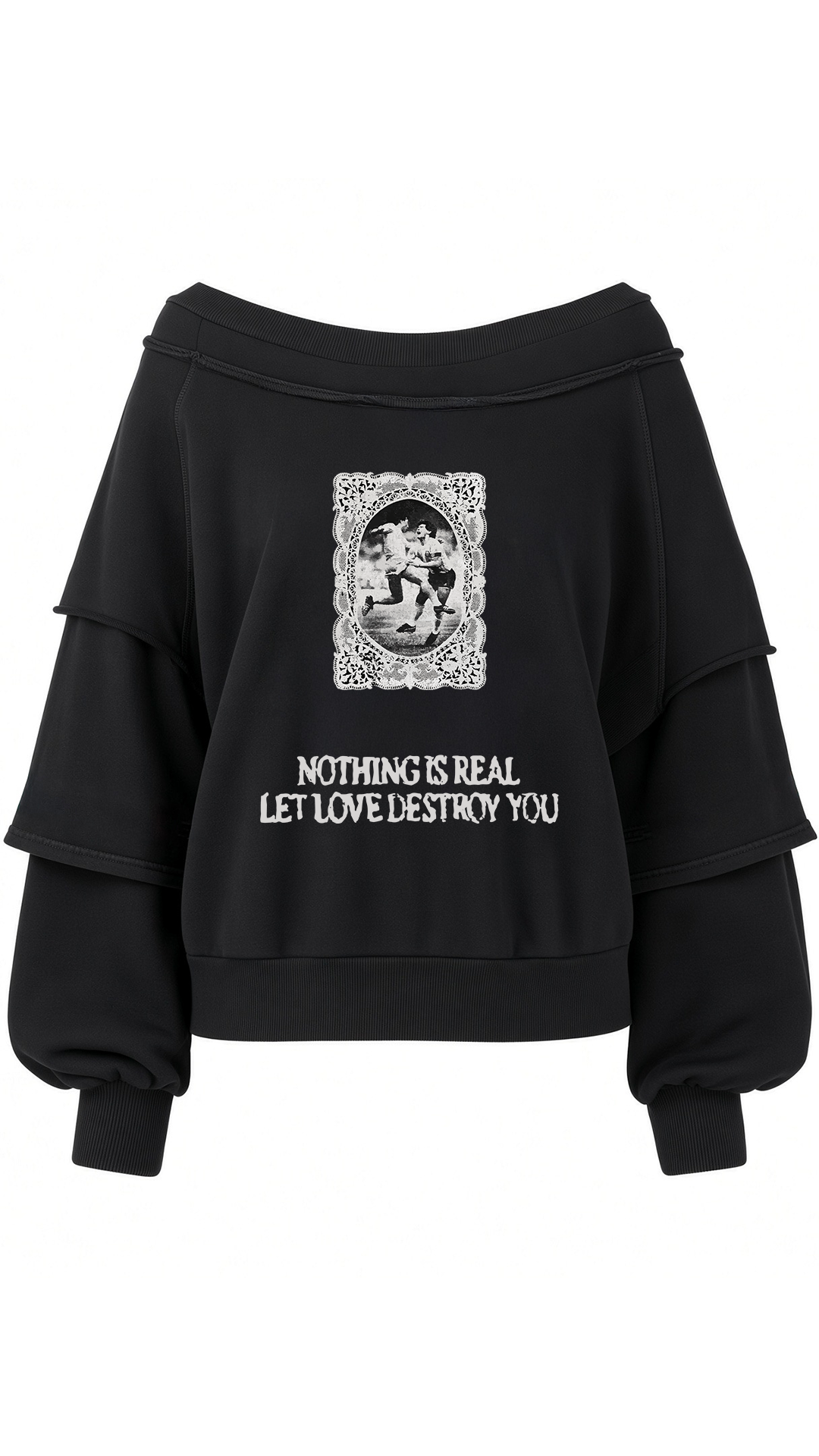 Kat kat let the love destroy you geniş yaka midi boy siyah sweatshirt