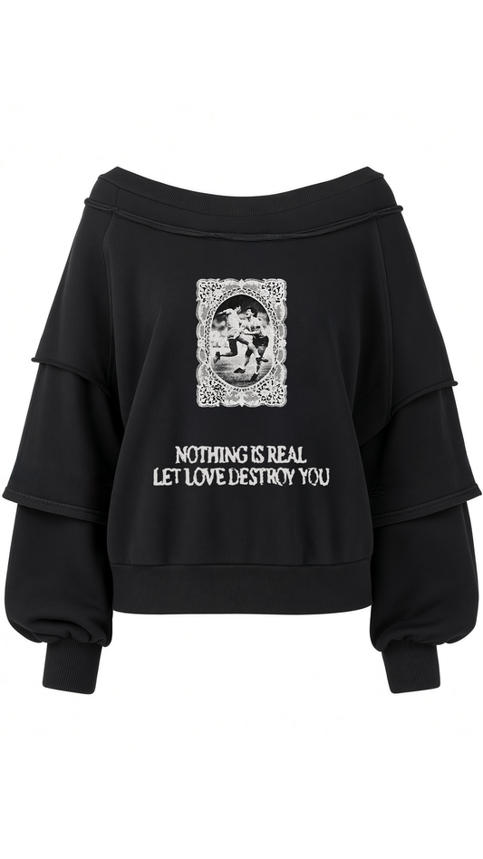 Kat kat let the love destroy you geniş yaka midi boy siyah sweatshirt