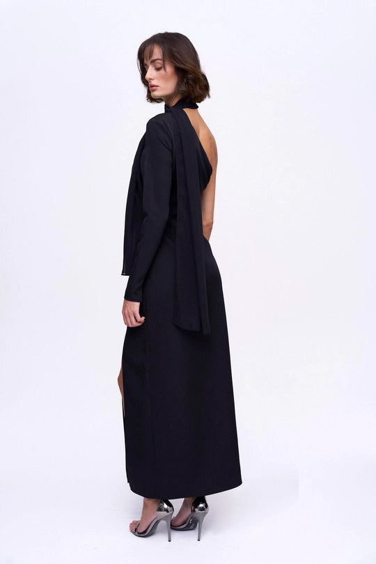 Tek Kol, Yırtmaçlı Uzun Siyah Elbise - melongeneCo